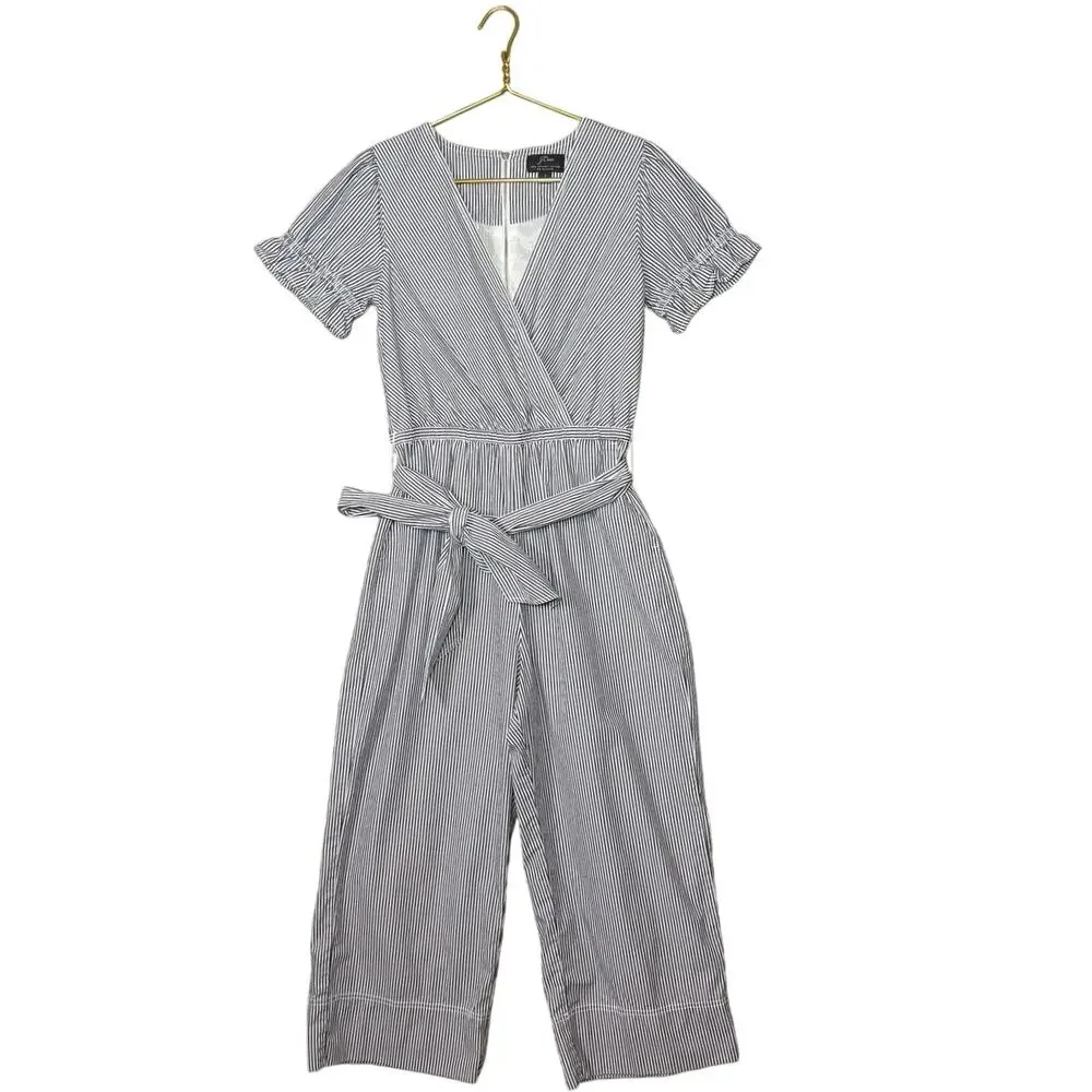 J.Crew Navy White Striped Ruffle Sleeve Cotton Poplin Wrap Jumpsuit Nautical 2